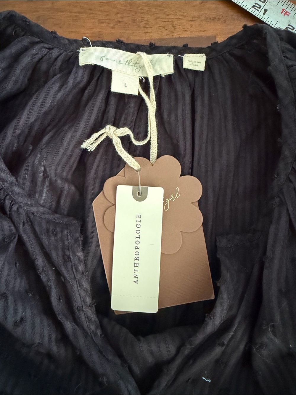 Anthropologie Black Textured Blouse with Cream Care Tag